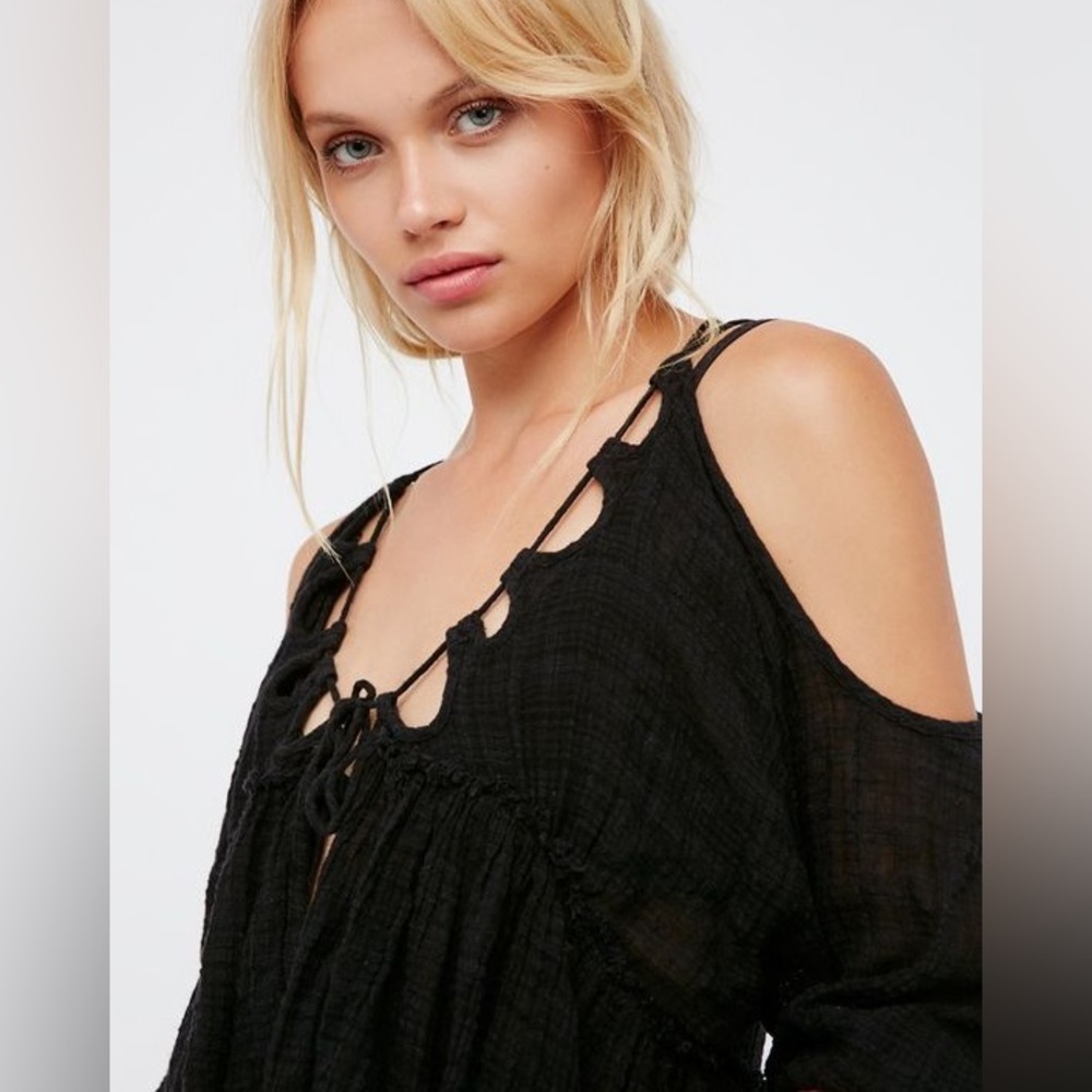 Free People One Monarch Black Gauze Top, New Size XS Oversized Fit